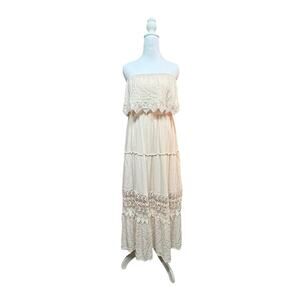 Boho Flying Tomato Sz M Strapless Cream Romantic Lace Maxi Dress Costal Cowgirl